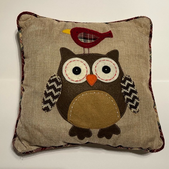 None Other - Vintage Square Owl and Bird Decorative Accent Pillow Cottage Core Earth Tones